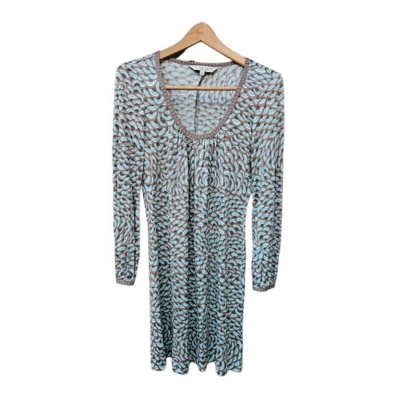 Trina Turk Size 4 Blue Wave Silk Dress Body Con Pullover Geometric Long Sleeve - Picture 1 of 9